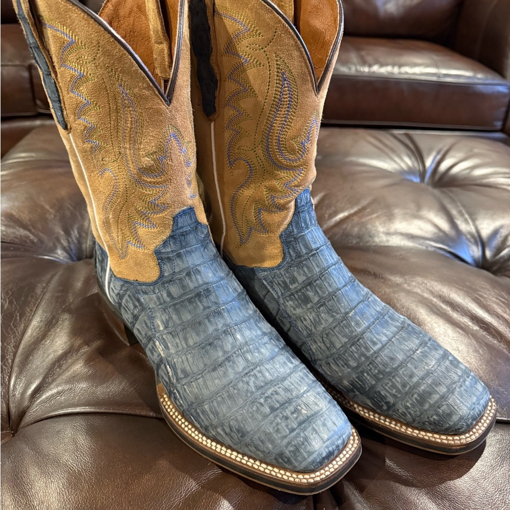 Dan Post Caiman 9.5D Men's Blue Nubuck and Tan Western Boots
